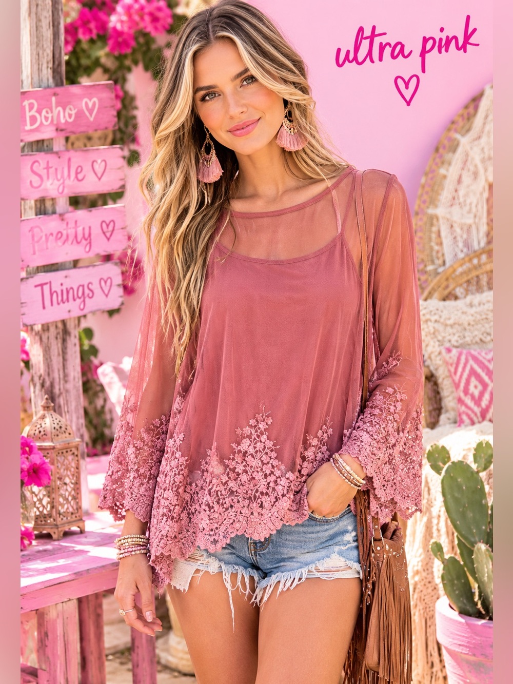 NWOT ~ Ultra Pink Dusty Rose Sheer Lace-Trim Tunic Top ~ Size Large